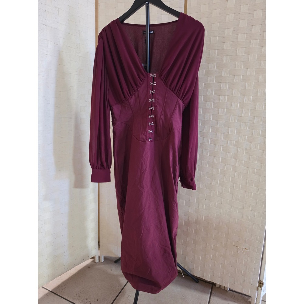 Fashion Nova Cute But Psycho Chiffon Corset Midi Dress Wine Burgundy XL NWT